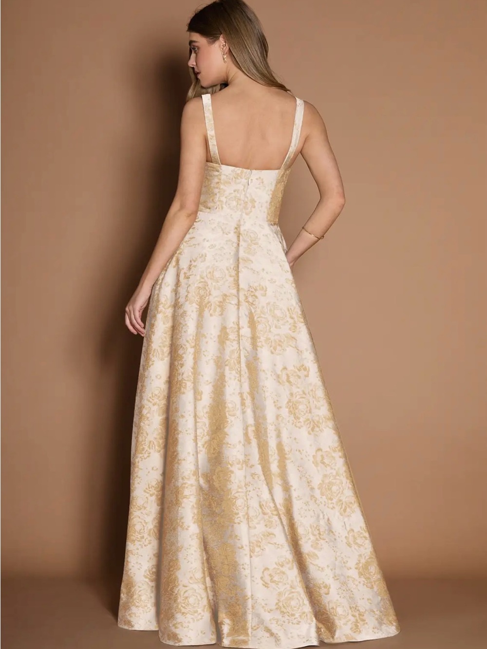 Azazie Gold and Cream Floral Jacquard Maxi Dress - Picture 2 of 9